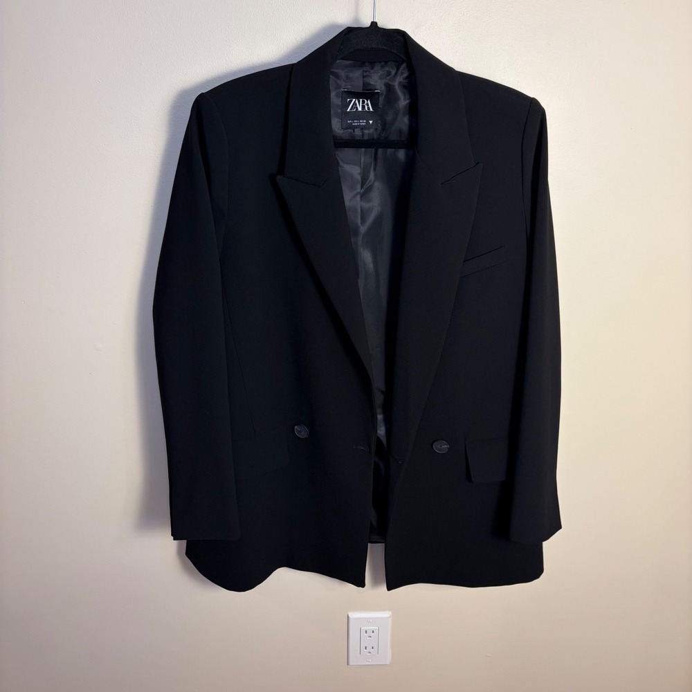 Zara Blazer Women L Black Double Breasted Peak Lapel Long Sleeve Professional - Picture 2 of 8